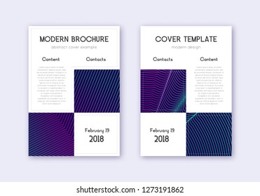 Business cover design template set. Neon abstract lines on dark blue background. Artistic cover design. Fabulous catalog, poster, book template etc.