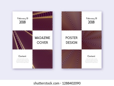 Business cover design template set. Gold abstract lines on maroon background. Authentic cover design. Captivating catalog, poster, book template etc.