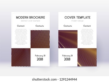 Business cover design template set. Gold abstract lines on maroon background. Appealing cover design. Glamorous catalog, poster, book template etc.