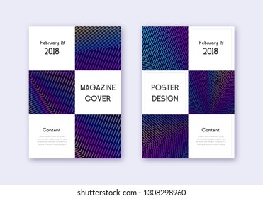 Business cover design template set. Rainbow abstract lines on dark blue background. Awesome cover design. Imaginative catalog, poster, book template etc.