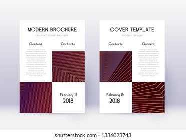 Business cover design template set. Orange abstract lines on wine red background. Artistic cover design. Positive catalog, poster, book template etc.