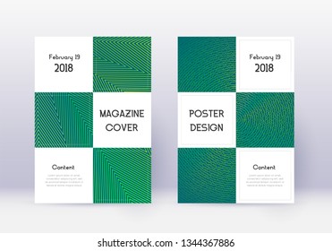 Business cover design template set. Green abstract lines on dark background. Authentic cover design. Flawless catalog, poster, book template etc.