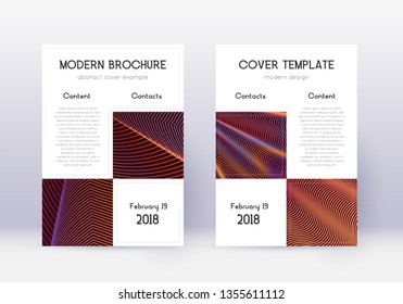 Business cover design template set. Orange abstract lines on wine red background. Artistic cover design. Pleasant catalog, poster, book template etc.