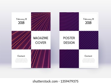 Business cover design template set. Violet abstract lines on dark background. Beauteous cover design. Radiant catalog, poster, book template etc.