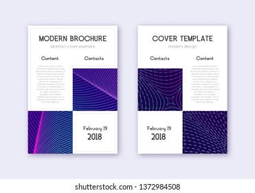 Business cover design template set. Neon abstract lines on dark blue background. Artistic cover design. Captivating catalog, poster, book template etc.