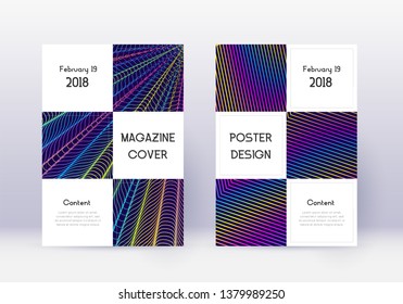 Business cover design template set. Rainbow abstract lines on dark blue background. Awesome cover design. Modern catalog, poster, book template etc.