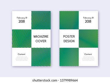 Business cover design template set. Green abstract lines on dark background. Authentic cover design. Exceptional catalog, poster, book template etc.