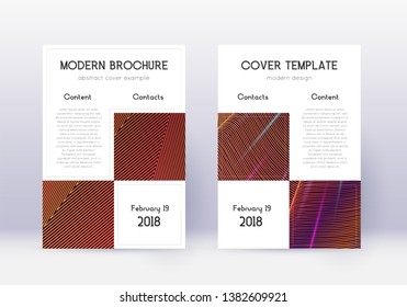Business cover design template set. Orange abstract lines on wine red background. Artistic cover design. Noteworthy catalog, poster, book template etc.