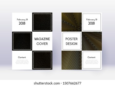 Business cover design template set. Gold abstract lines on black background. Attractive cover design. Juicy catalog, poster, book template etc.