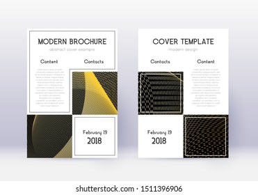 Business cover design template set. Gold abstract lines on black background. Appealing cover design. Adorable catalog, poster, book template etc.