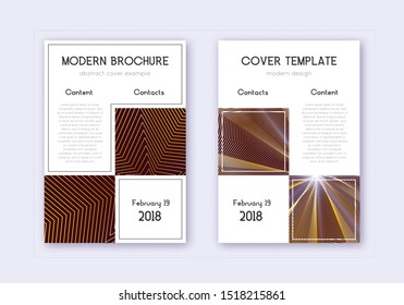 Business cover design template set. Gold abstract lines on maroon background. Appealing cover design. Exquisite catalog, poster, book template etc.