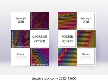 Business cover design template set. Rainbow abstract lines on wine red background. Awesome cover design. Surprising catalog, poster, book template etc.
