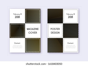 Business cover design template set. Gold abstract lines on black background. Attractive cover design. Lovely catalog, poster, book template etc.