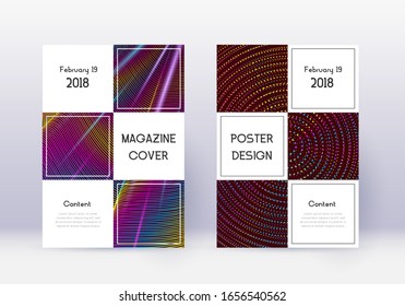Conjunto de plantillas de diseño de portada comercial. Líneas abstractas del arcoiris sobre fondo rojo del vino. Impresionante diseño de portada. Catálogo, afiche, plantilla de libro, etc.