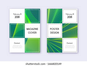 Business cover design template set. Green abstract lines on dark background. Authentic cover design. Delightful catalog, poster, book template etc.