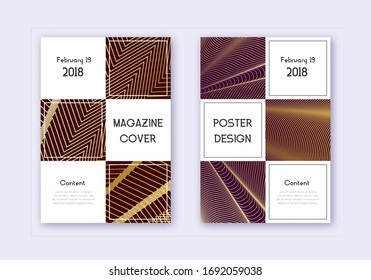 Business cover design template set. Gold abstract lines on maroon background. Authentic cover design. Breathtaking catalog, poster, book template etc.