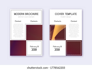 Business cover design template set. Orange abstract lines on wine red background. Artistic cover design. Powerful catalog, poster, book template etc.