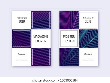 Business cover design template set. Neon abstract lines on dark blue background. Authentic cover design. Sightly catalog, poster, book template etc.