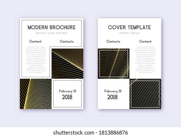 Business cover design template set. Gold abstract lines on black background. Appealing cover design. Breathtaking catalog, poster, book template etc.
