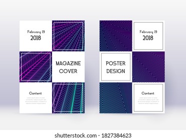 Business cover design template set. Neon abstract lines on dark blue background. Authentic cover design. Magnificent catalog, poster, book template etc.