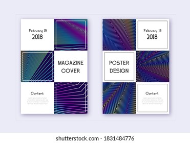 Conjunto de plantillas de diseño de portada comercial. Líneas abstractas del arcoiris sobre fondo azul oscuro. Impresionante diseño de portada. Catálogo animado, afiche, plantilla de libro, etc.