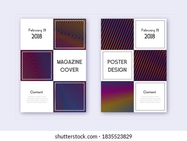 Conjunto de plantillas de diseño de portada comercial. Líneas abstractas del arcoiris sobre fondo rojo del vino. Diseño de portada bello. Catálogo sorprendente, afiche, plantilla de libro, etc.