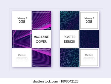 Business cover design template set. Neon abstract lines on dark blue background. Authentic cover design. Majestic catalog, poster, book template etc.