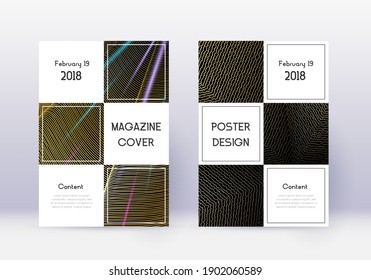 Business cover design template set. Gold abstract lines on black background. Attractive cover design. Memorable catalog, poster, book template etc.