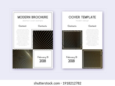 Business cover design template set. Gold abstract lines on black background. Appealing cover design. Artistic catalog, poster, book template etc.