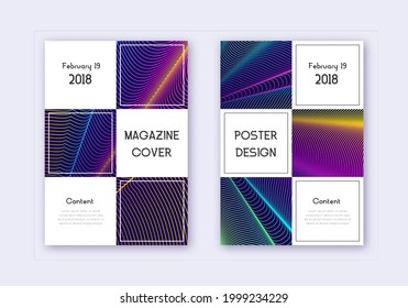 Business cover design template set. Rainbow abstract lines on dark blue background. Awesome cover design. Magnetic catalog, poster, book template etc.