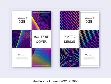 Business cover design template set. Rainbow abstract lines on dark blue background. Awesome cover design. Overwhelming catalog, poster, book template etc.