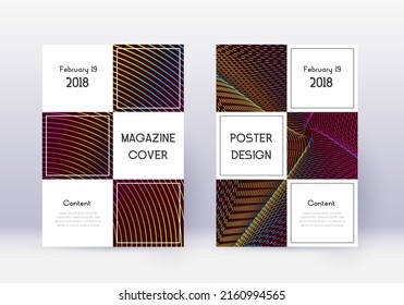 Business cover design template set. Rainbow abstract lines on wine red background. Awesome cover design. Radiant catalog, poster, book template etc.