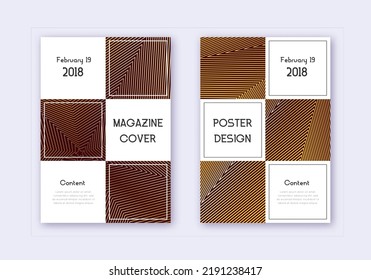 Business Cover Design Template Set. Gold Abstract Lines On Maroon Background. Authentic Cover Design. Bold Catalog, Poster, Book Template Etc.