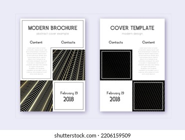 Conjunto de plantillas de diseño de portada comercial. Líneas abstractas de oro sobre fondo negro. Diseño atractivo de la cubierta. Catálogo completo, afiche, plantilla de libro, etc.