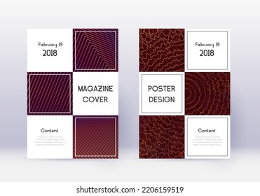 Business cover design template set. Orange abstract lines on wine red background. Awesome cover design. Alluring catalog, poster, book template etc.