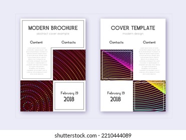Conjunto de plantillas de diseño de portada comercial. Líneas abstractas del arcoiris sobre fondo rojo del vino. Diseño de una cubierta increíble. Catálogo, afiche, plantilla de libro, etc.