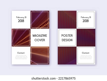 Business cover design template set. Orange abstract lines on wine red background. Awesome cover design. Elegant catalog, poster, book template etc.