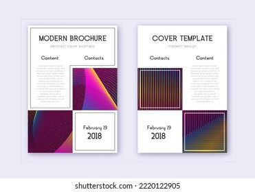 Business cover design template set. Rainbow abstract lines on wine red background. Astonishing cover design. Energetic catalog, poster, book template etc.