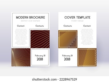 Business cover design template set. Gold abstract lines on maroon background. Appealing cover design. Mind-blowing catalog, poster, book template etc.