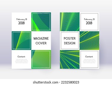 Business cover design template set. Green abstract lines on dark background. Authentic cover design. Exotic catalog, poster, book template etc.