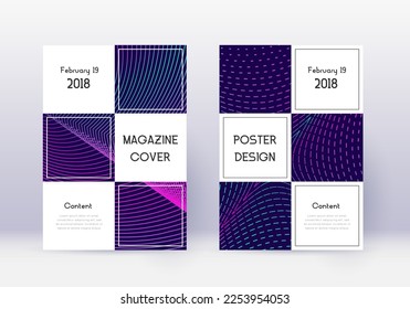 Business cover design template set. Neon abstract lines on dark blue background. Authentic cover design. Original catalog, poster, book template etc.