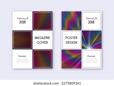 Conjunto de plantillas de diseño de portada comercial. Líneas abstractas del arcoiris sobre fondo rojo del vino. Impresionante diseño de portada. Catálogo, afiche, plantilla de libro, etc.