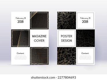 Conjunto de plantillas de diseño de portada comercial. Líneas abstractas de oro sobre fondo negro. Atractivo diseño de portada. Catálogo glamoroso, afiche, plantilla de libro, etc.