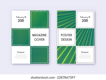 Conjunto de plantillas de diseño de portada comercial. Líneas abstractas verdes sobre fondo oscuro. Diseño de portada auténtico. Increíble catálogo, afiche, plantilla de libro, etc.