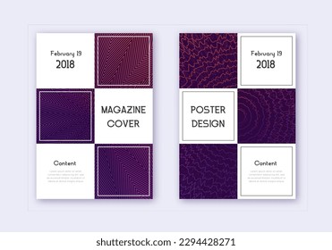 Conjunto de plantillas de diseño de portada comercial. Líneas abstractas violetas sobre fondo oscuro. Diseño de portada bello. Catálogo, afiche, plantilla de libros raros, etc.