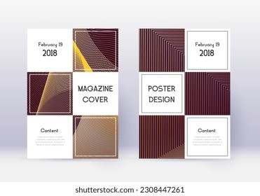 Business cover design template set. Gold abstract lines on maroon background. Attractive cover design. Stunning catalog, poster, book template etc.
