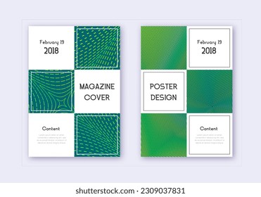 Business cover design template set. Green abstract lines on dark background. Authentic cover design. Fresh catalog, poster, book template etc.