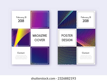 Business cover design template set. Rainbow abstract lines on dark blue background. Awesome cover design. Majestic catalog, poster, book template etc.