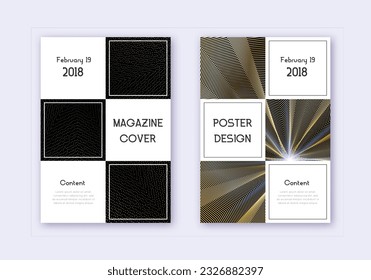 Business cover design template set. Gold abstract lines on black background. Attractive cover design. Pleasant catalog, poster, book template etc.
