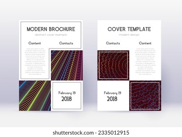 Conjunto de plantillas de diseño de portada comercial. Líneas abstractas del arcoiris sobre fondo rojo del vino. Diseño de una cubierta increíble. Catálogo adicional, póster, plantilla de libro, etc.